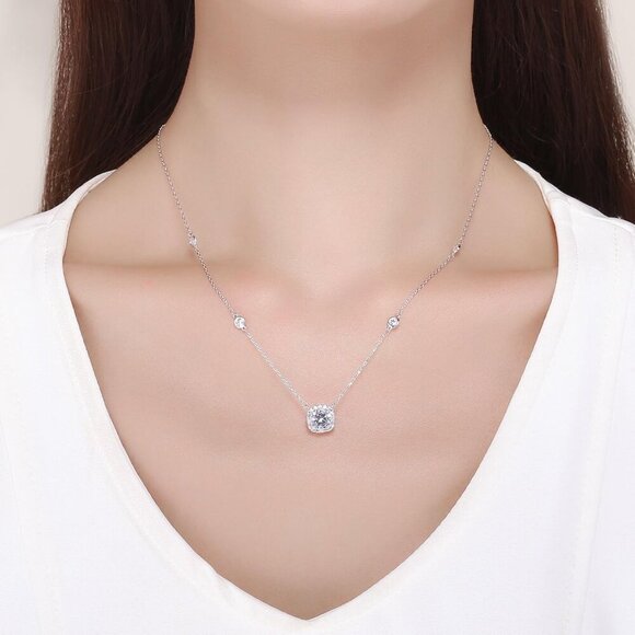 Platinum Plated Cubic Zirconia/Austrian Crystal Cushion Shape Halo Pendant Neckl - Picture 4 of 6